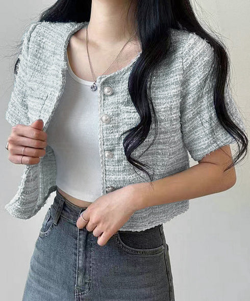 ツイード風ジャケットノーカラージャケット レディース パールボタン オフィス夏服 ショート丈アウター フォーマル カーディガン きれいめ羽織り サマージャケット夏 86SSJL-022